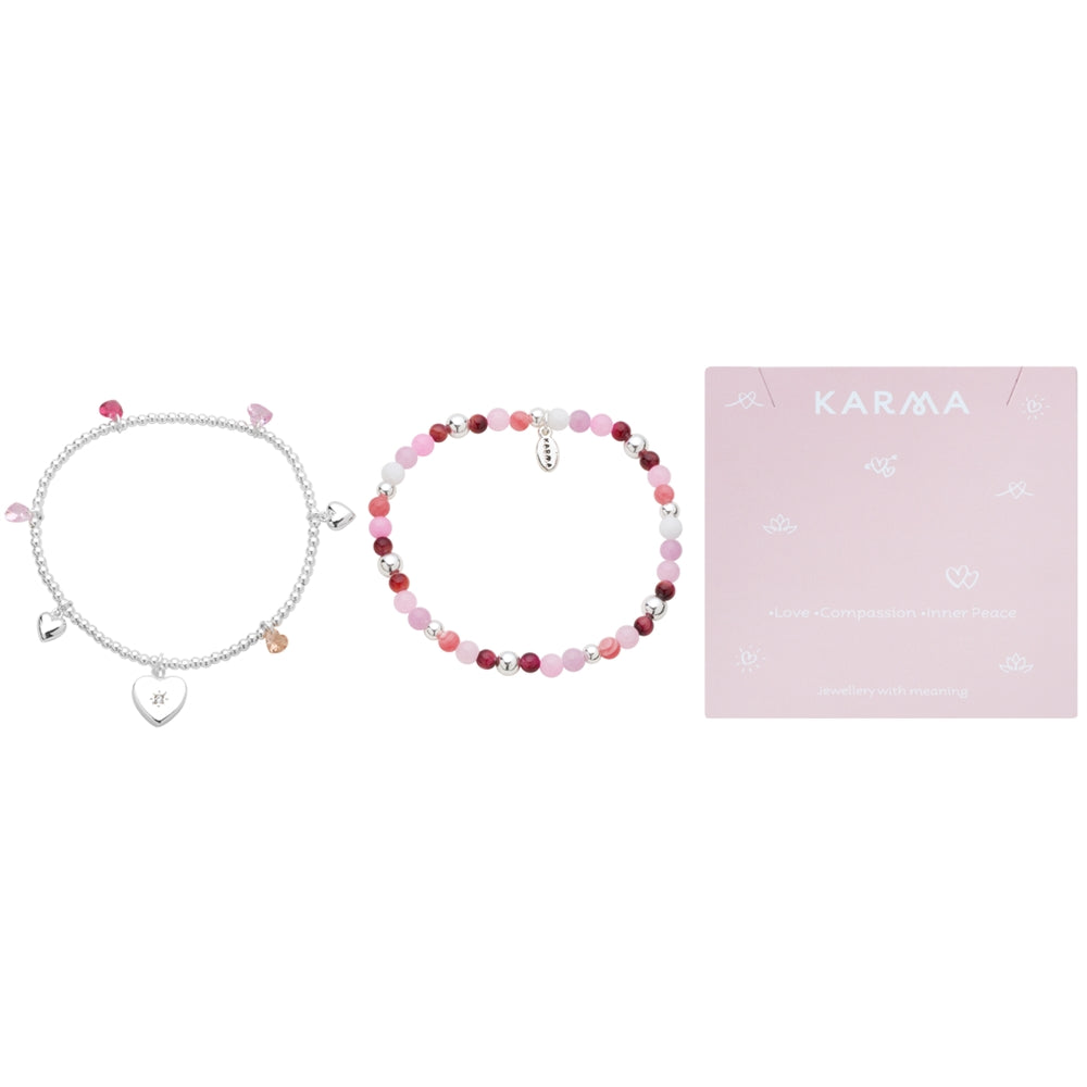 Karma Silver Pink Hearts Charms Bracelets Set