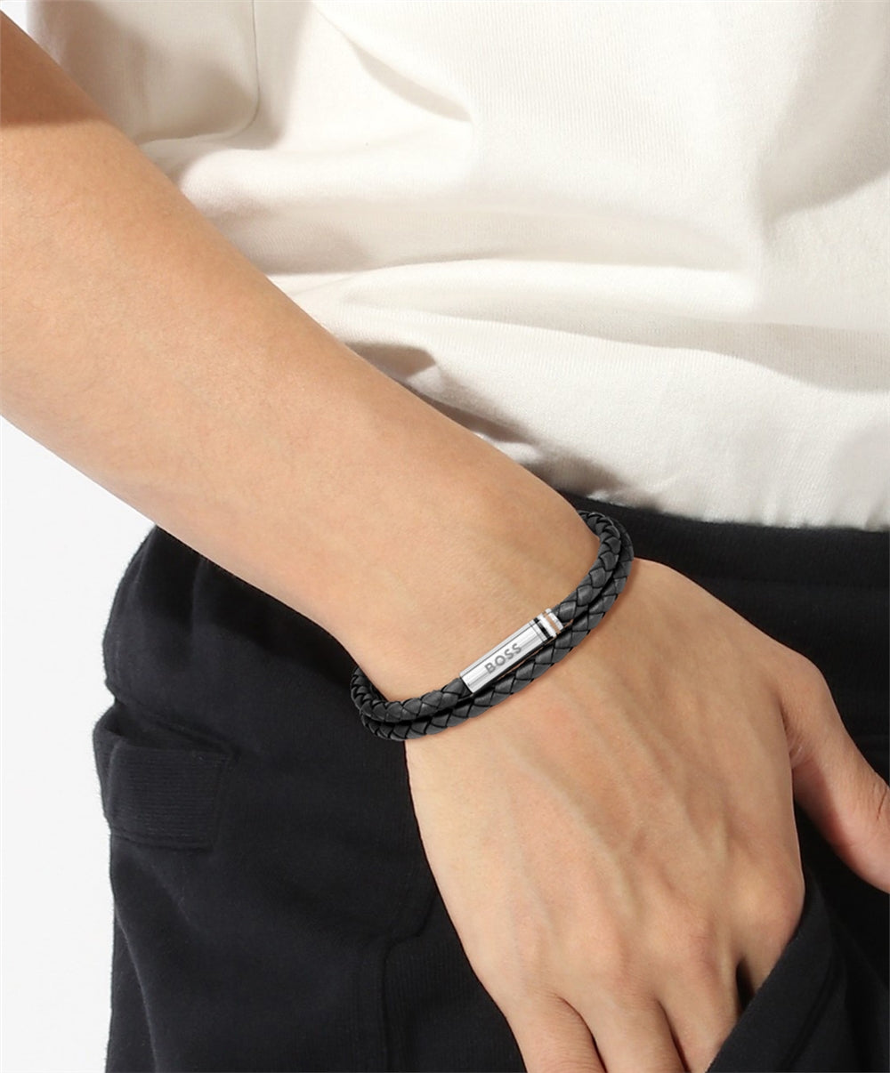 Boss Ares Black Braided Leather Bracelet
