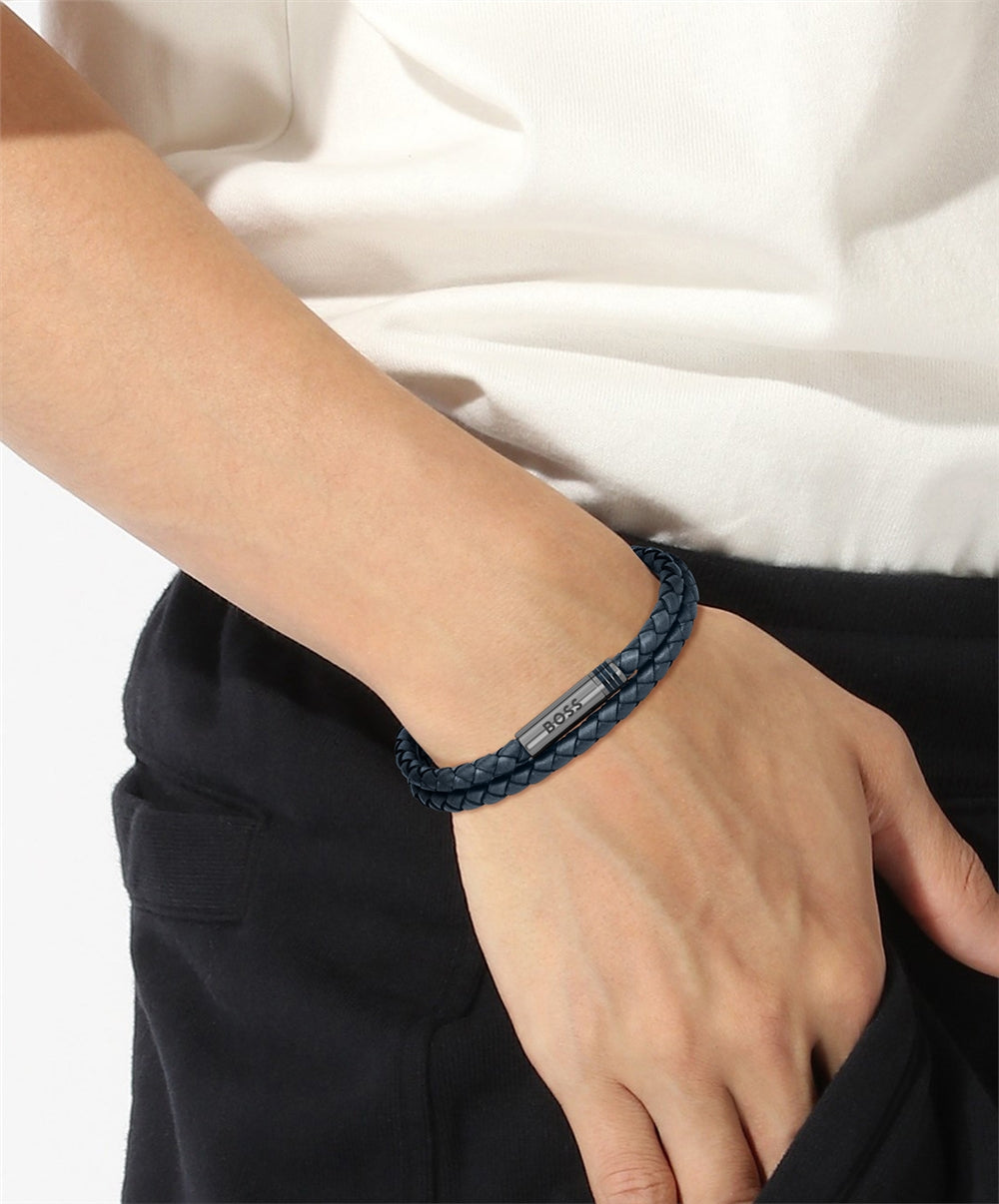 Boss Ares Blue Braided Leather Bracelet