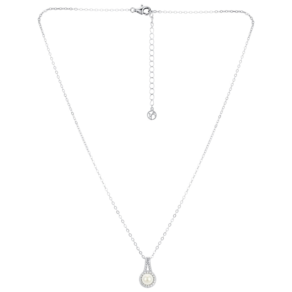 Argento Silver Crystal Pearl Halo Pendant Necklace