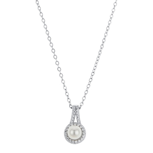Argento Silver Crystal Pearl Halo Pendant Necklace
