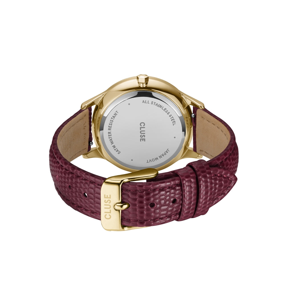 CLUSE Gold Minuit Multifuction Cherry Leather Watch