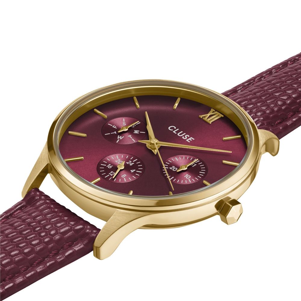 CLUSE Gold Minuit Multifuction Cherry Leather Watch