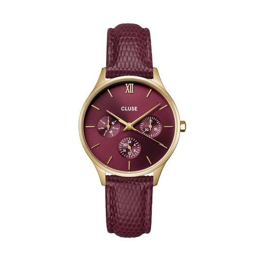 CLUSE Gold Minuit Multifuction Cherry Leather Watch