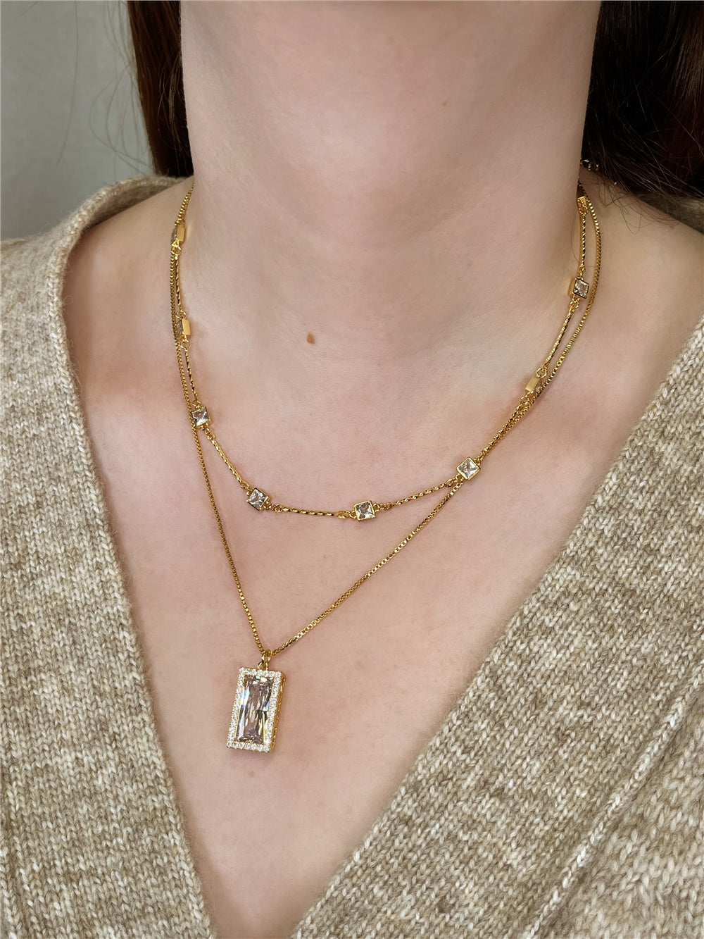 August Woods Gold Clear Baguette Cut Statement Necklace