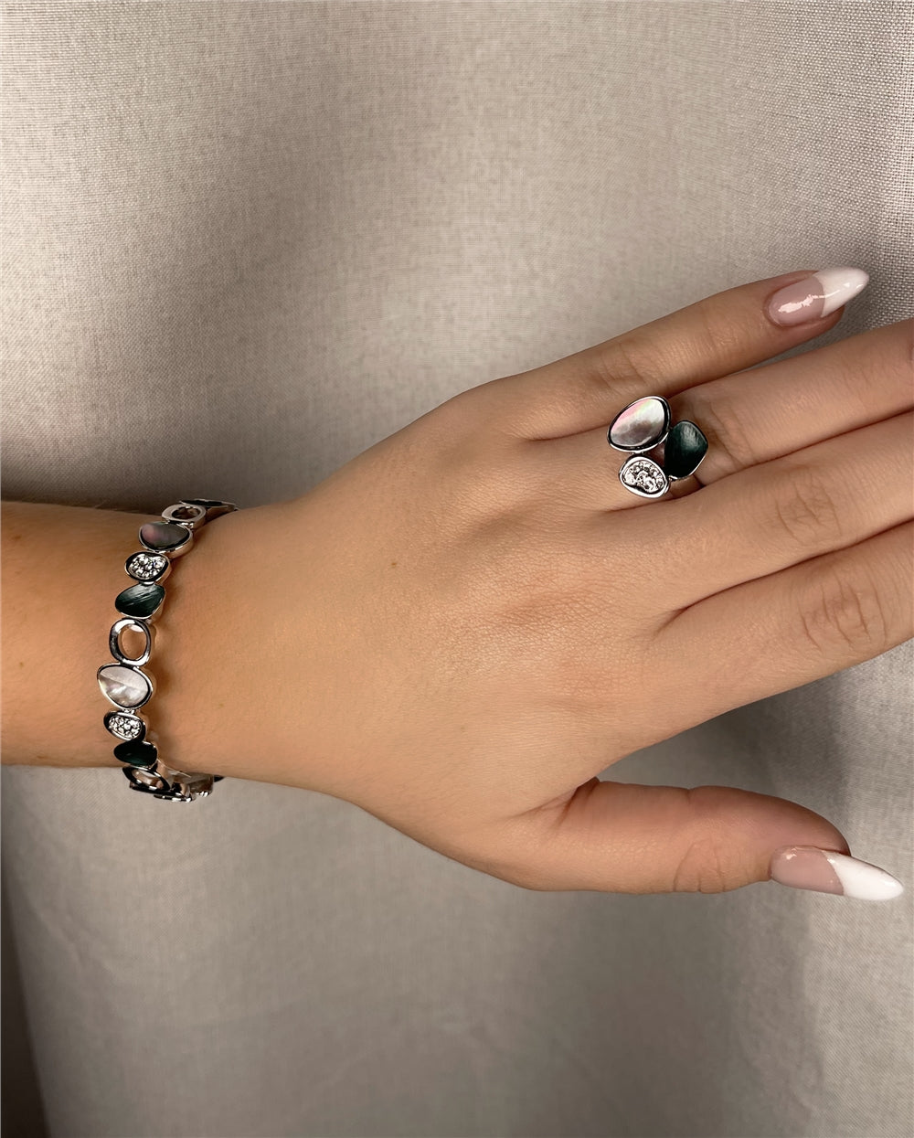 August Woods Silver and Grey Shell Crystal Adjustable Ring