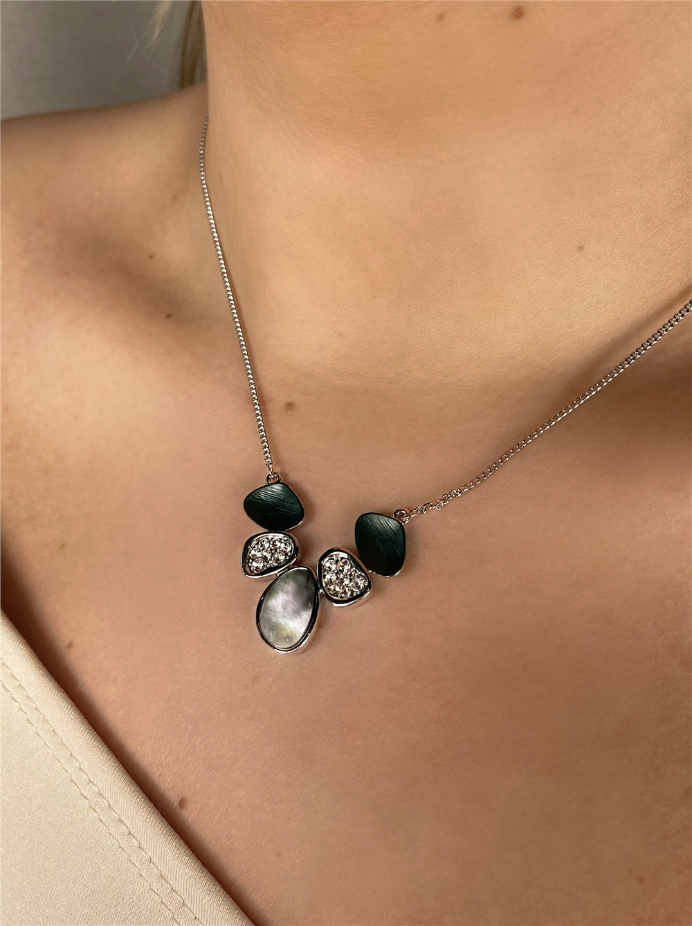August Woods Silver and Grey Shell Crystal Necklace