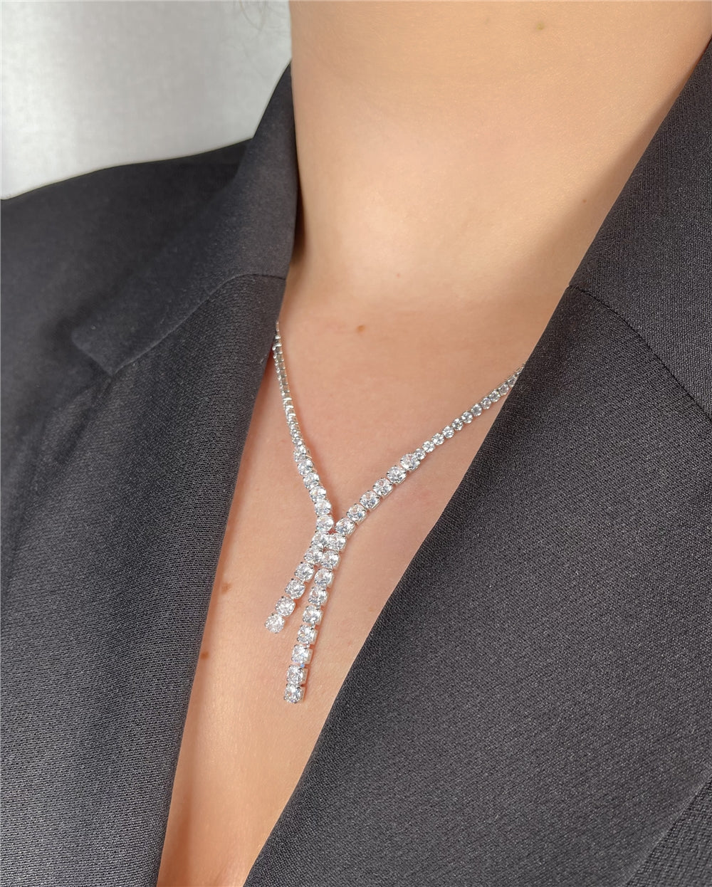 August Woods Silver Y Crystal Statement Necklace
