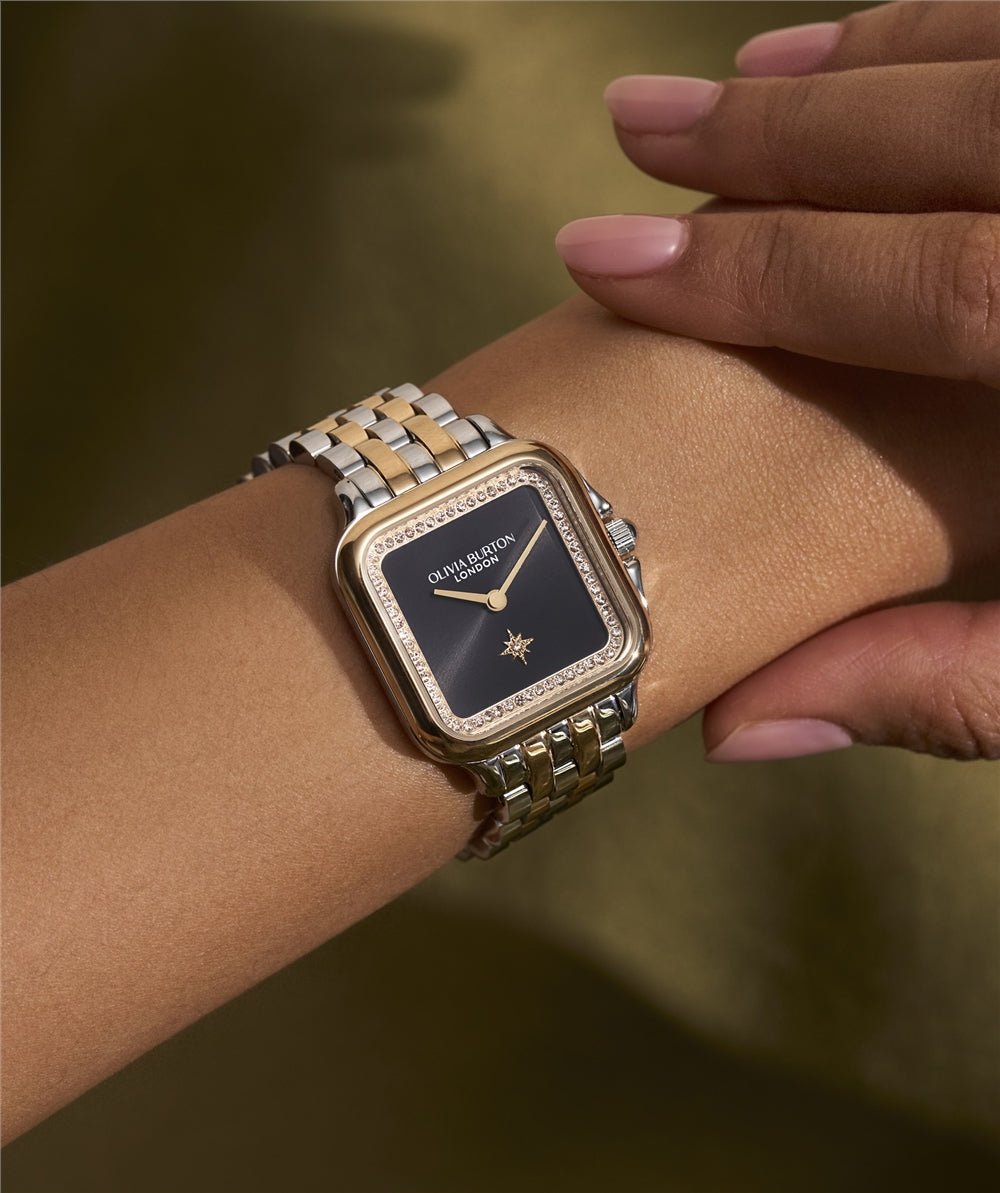 Olivia Burton Grosvenor North Star Silver Black Watch