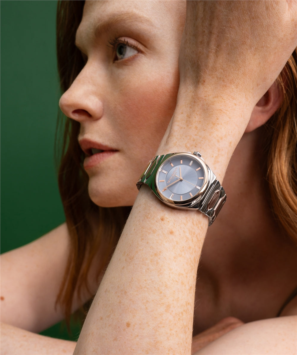 Olivia Burton Lustre Honeycomb Link Blue Dial Rose Gold Watch