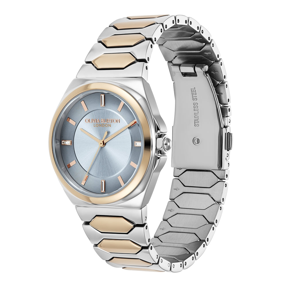 Olivia Burton Lustre Honeycomb Link Blue Dial Rose Gold Watch