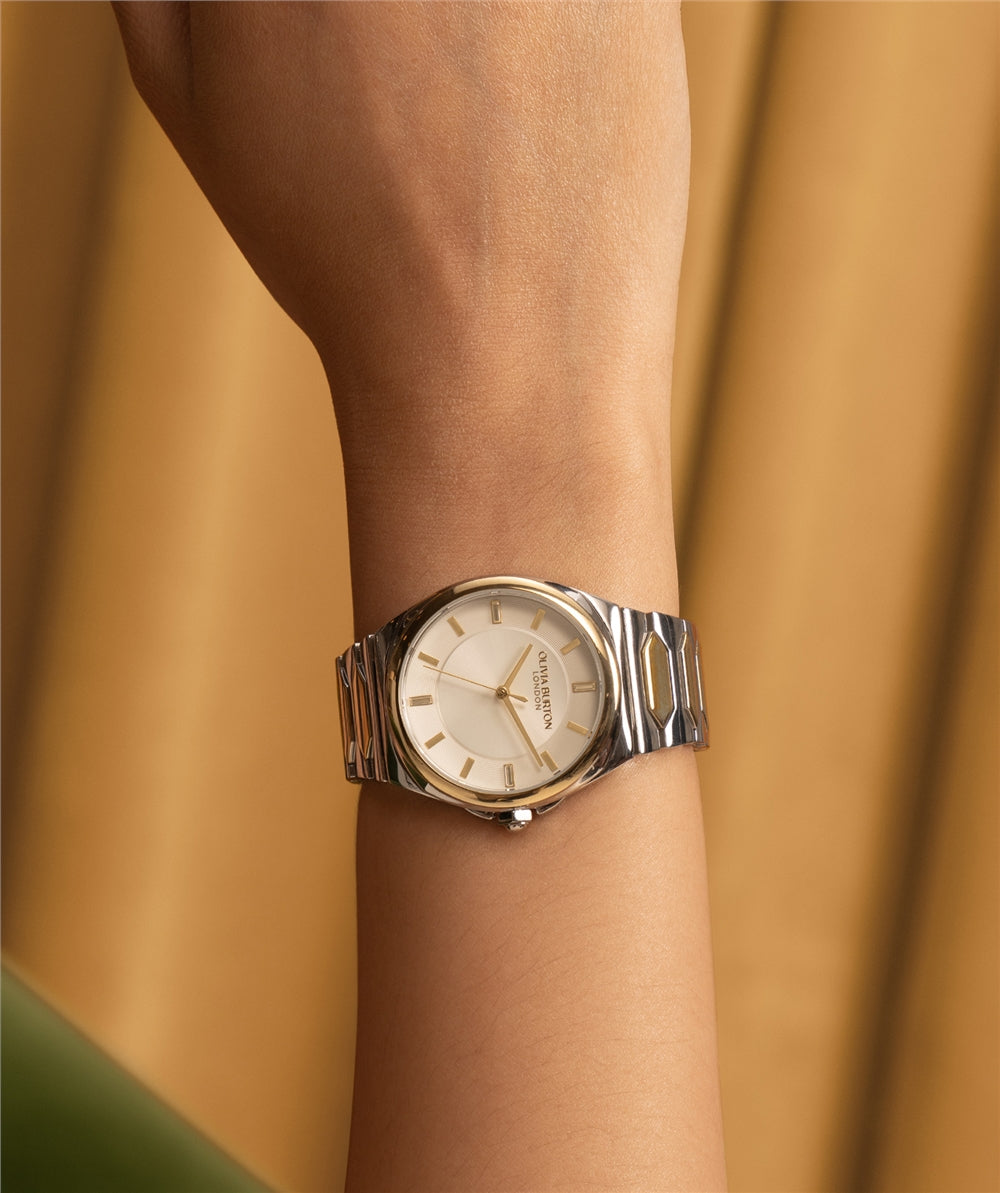 Olivia Burton Lustre Honeycomb Link Silver and Gold Watch