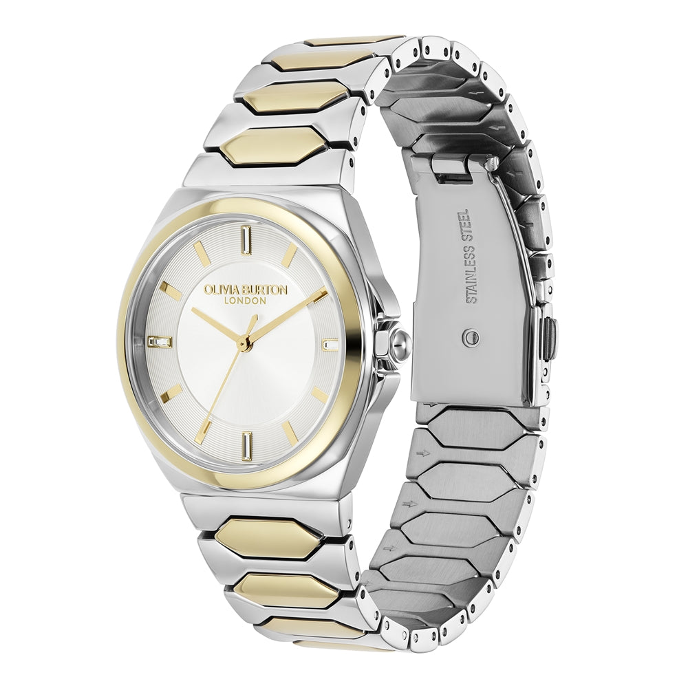 Olivia Burton Lustre Honeycomb Link Silver and Gold Watch
