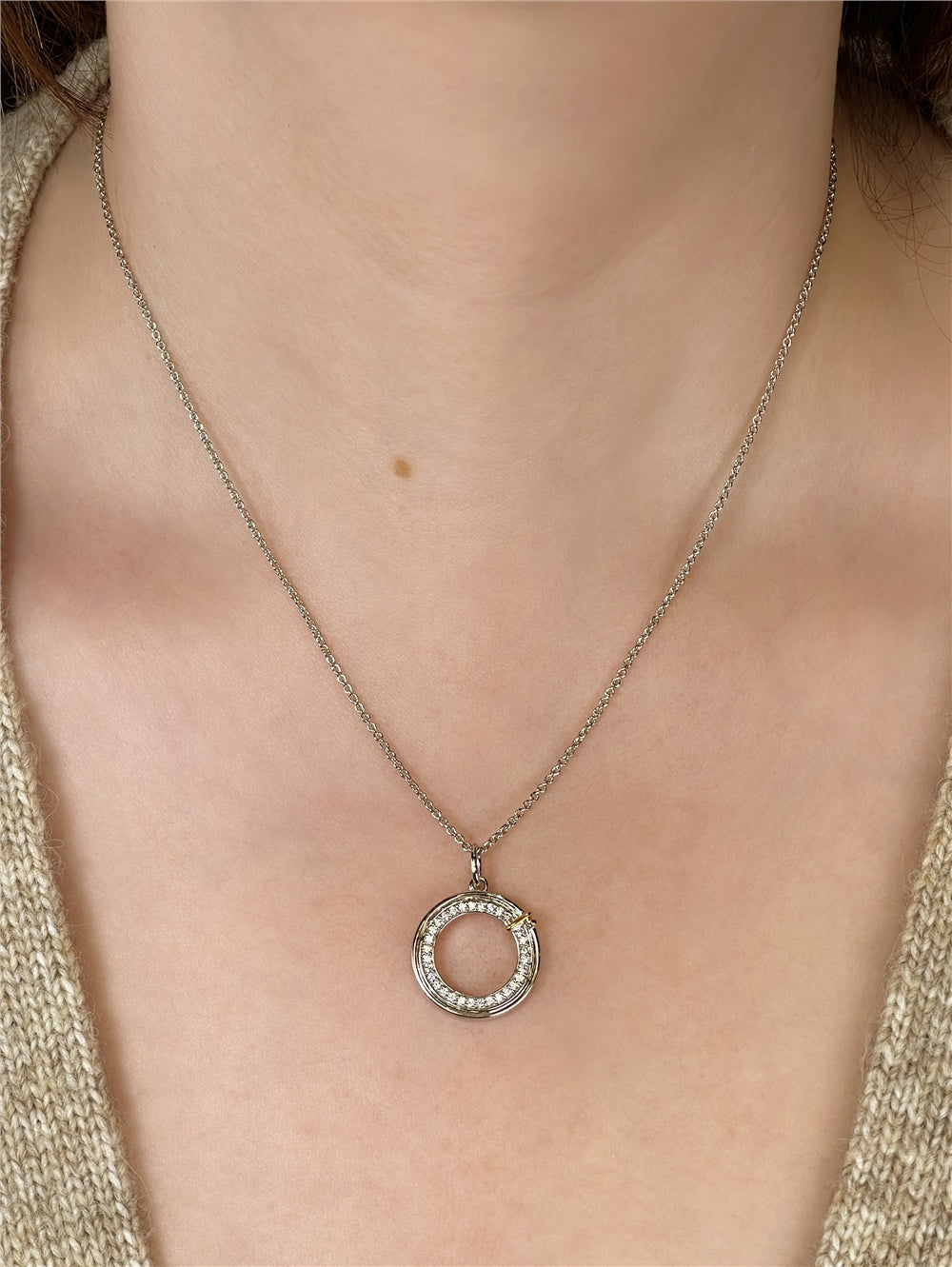 Argento Silver Two Tone Pave Circle Necklace