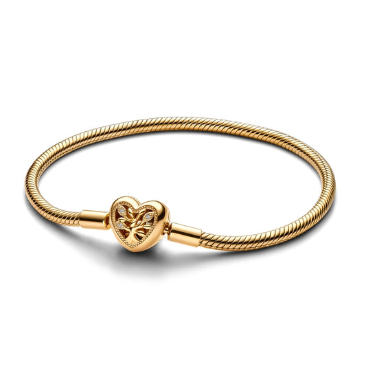 Pandora Gold Family Tree Heart Clasp Snake Chain Bracelet