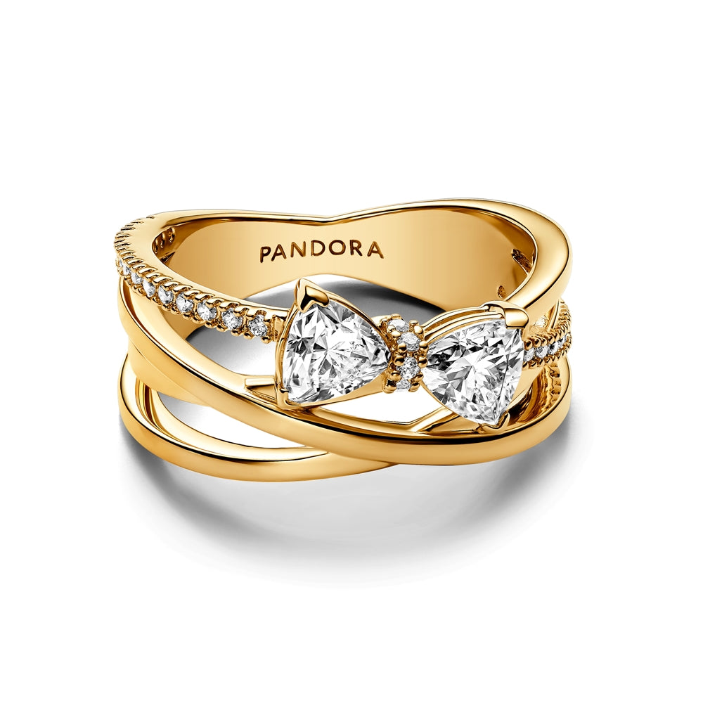 Pandora Gold Sparkling Bow & Crossover Band Ring
