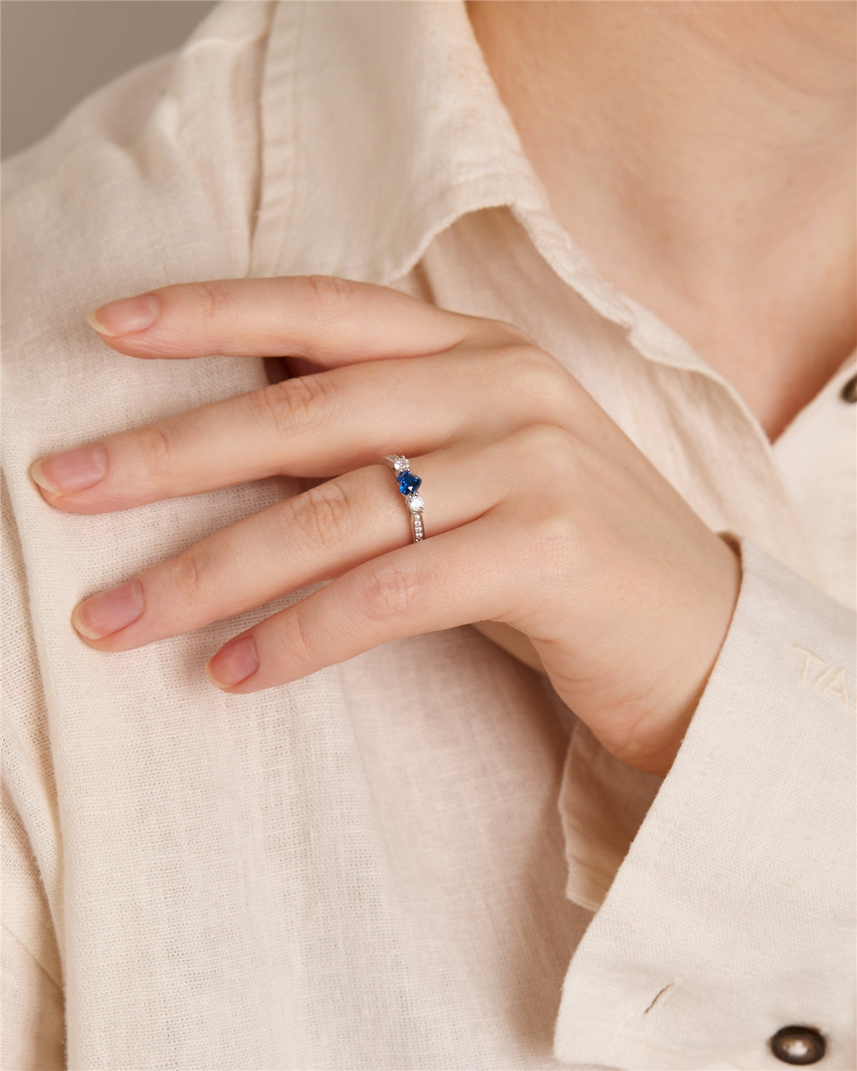 Argento Silver Sapphire Heart Cubic Zirconia Ring