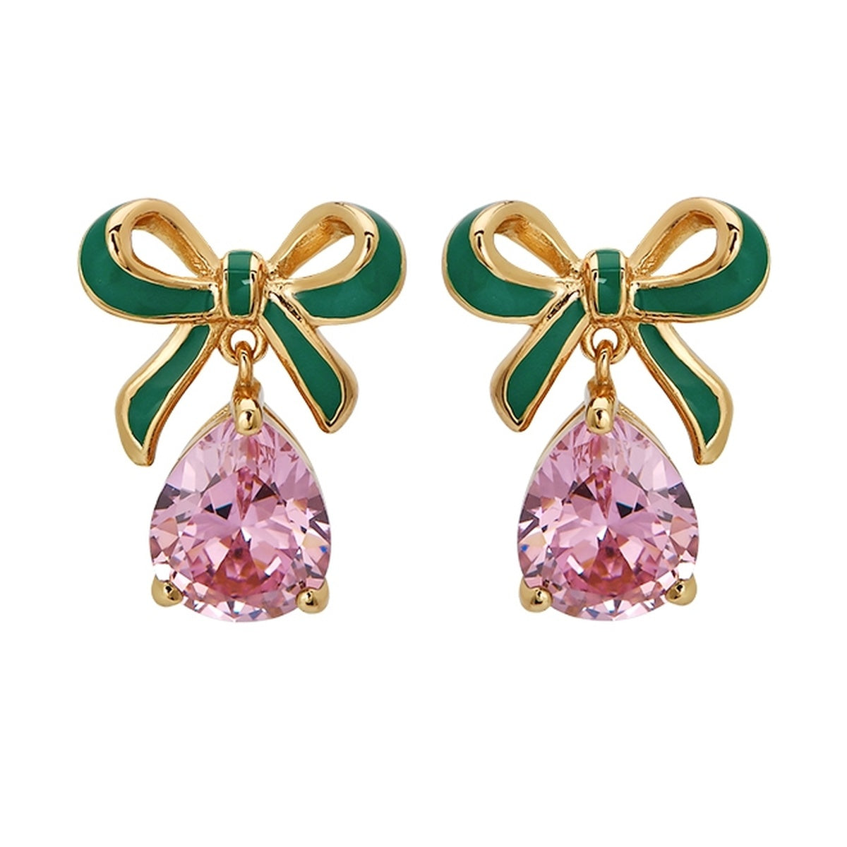 Gold Bow Teardrop Pink Drop Earrings
