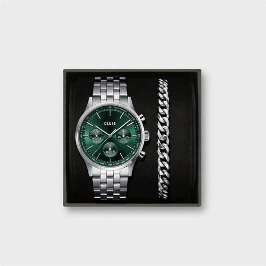 CLUSE Silver Antheor Green Watch and Bracelet Giftbox