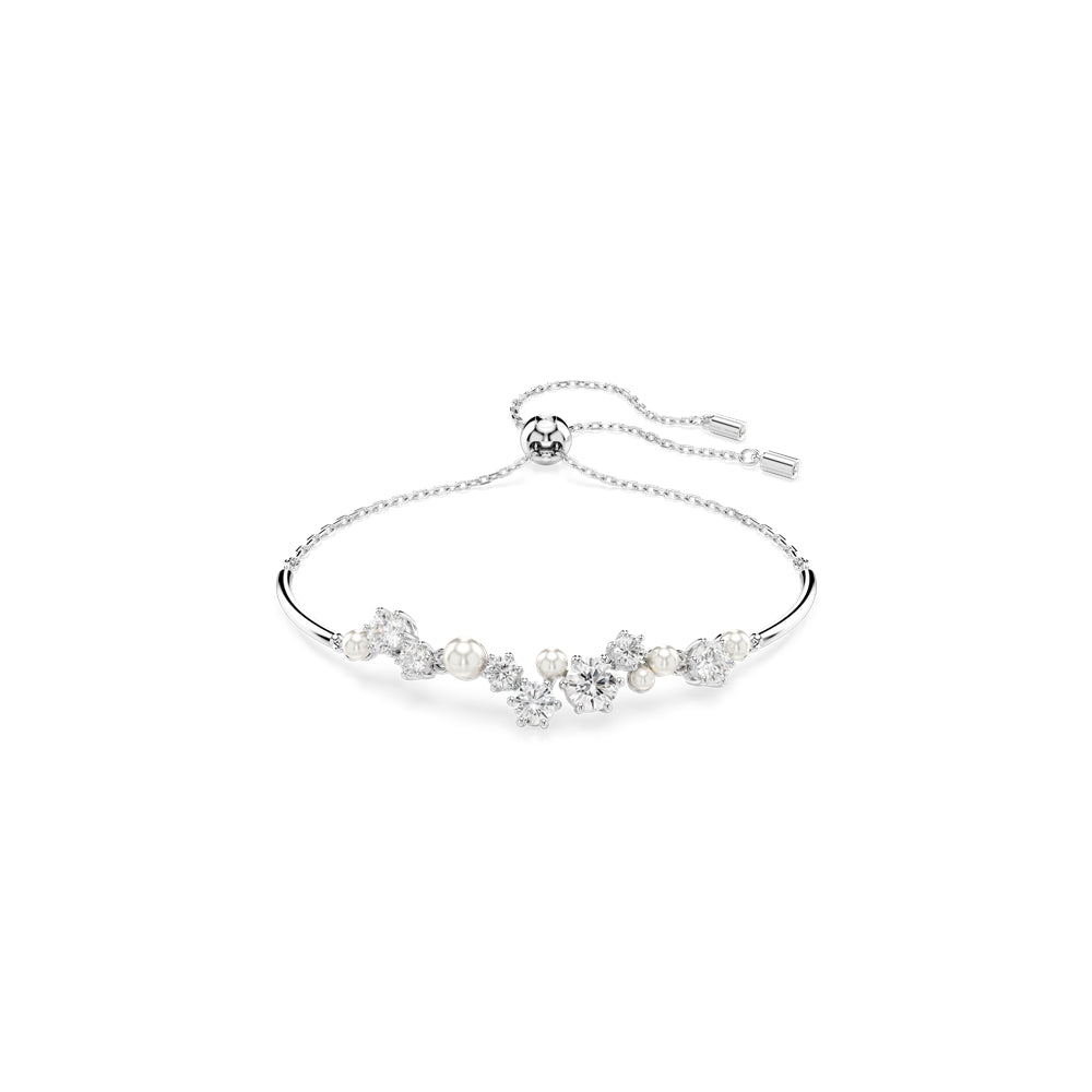 Swarovski Constella Rhodium Plated Crystal Pearl Round Cut Cluster Bangle