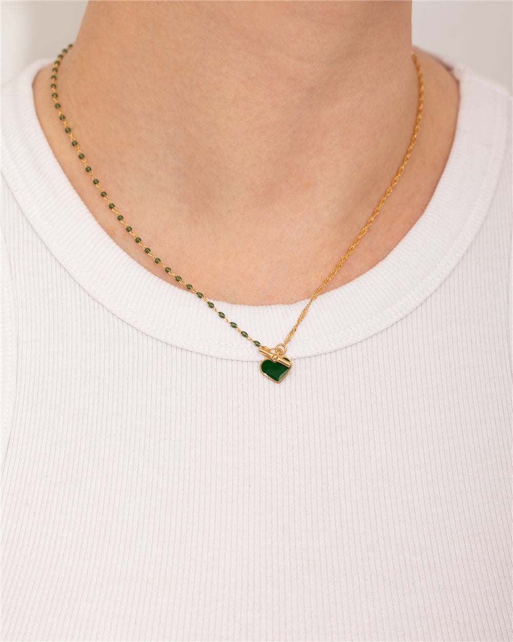 Argento Gold Green Beaded Heart Statement Necklace