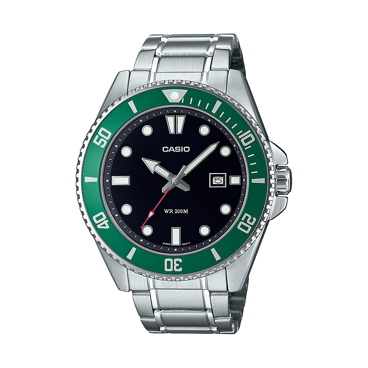 Casio Mens Stainless Steel Black Dial Green Bezel Diver Watch
