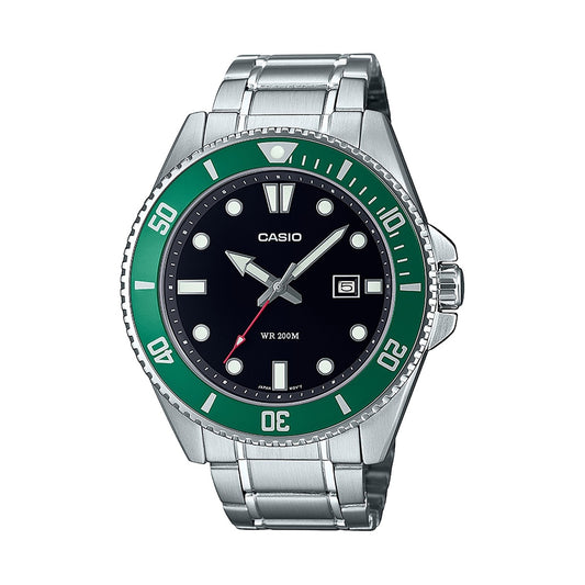 Casio Mens Stainless Steel Black Dial Green Bezel Diver Watch