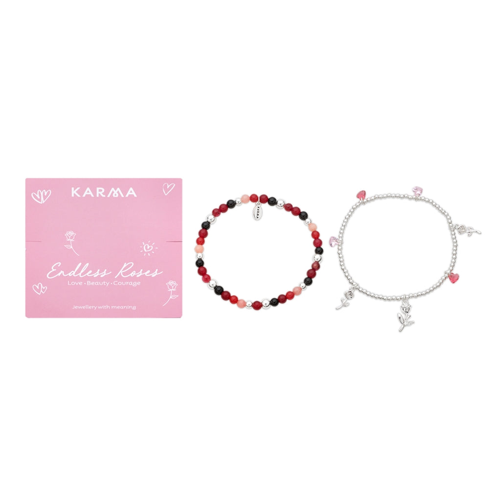 Karma Silver Red Roses Charms Set of 2 Bracelets