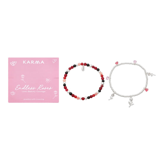 Karma Silver Red Roses Charms Set of 2 Bracelets