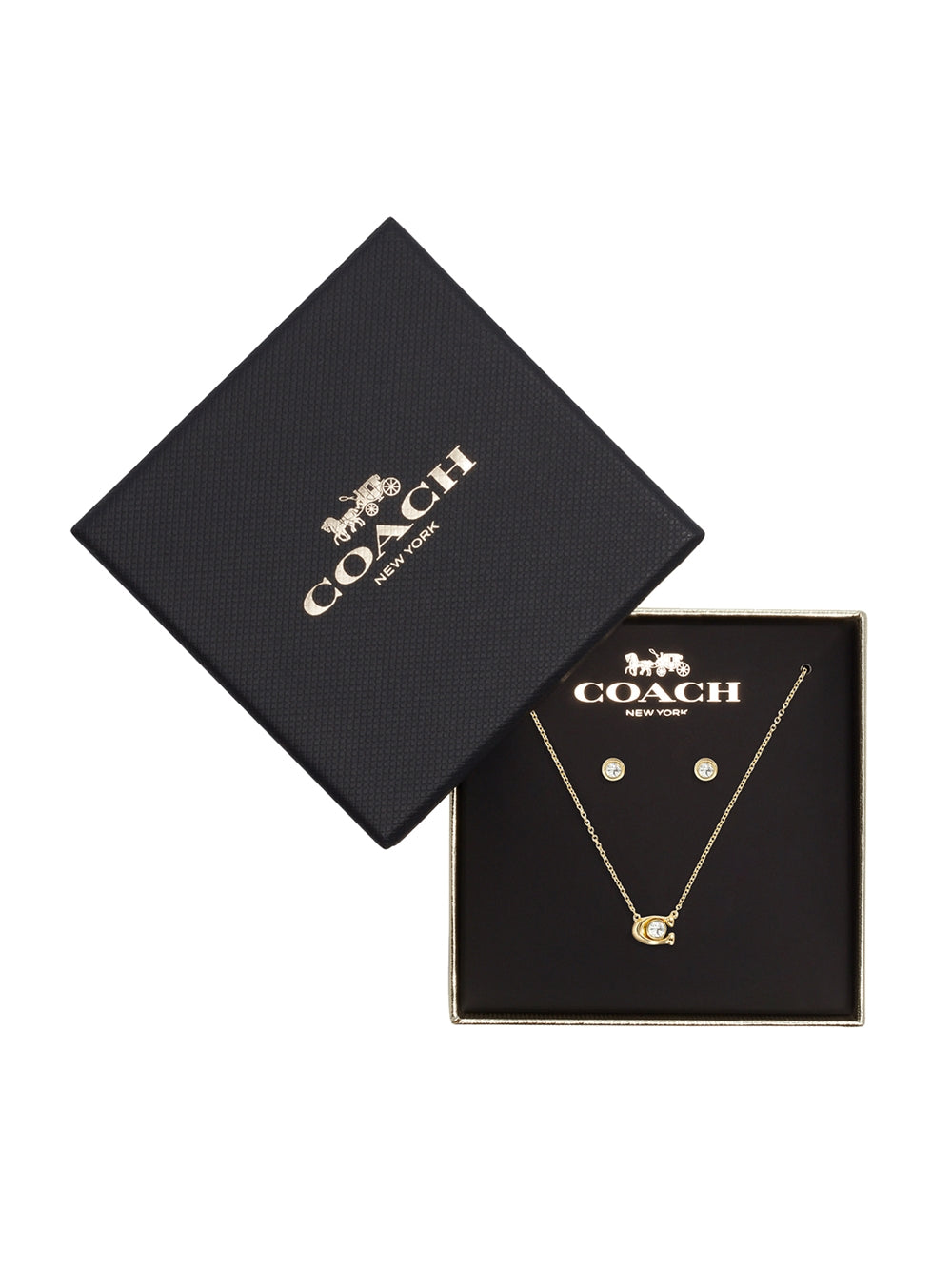 Coach Gold Box C Crystal Starter Necklace and Stud Set