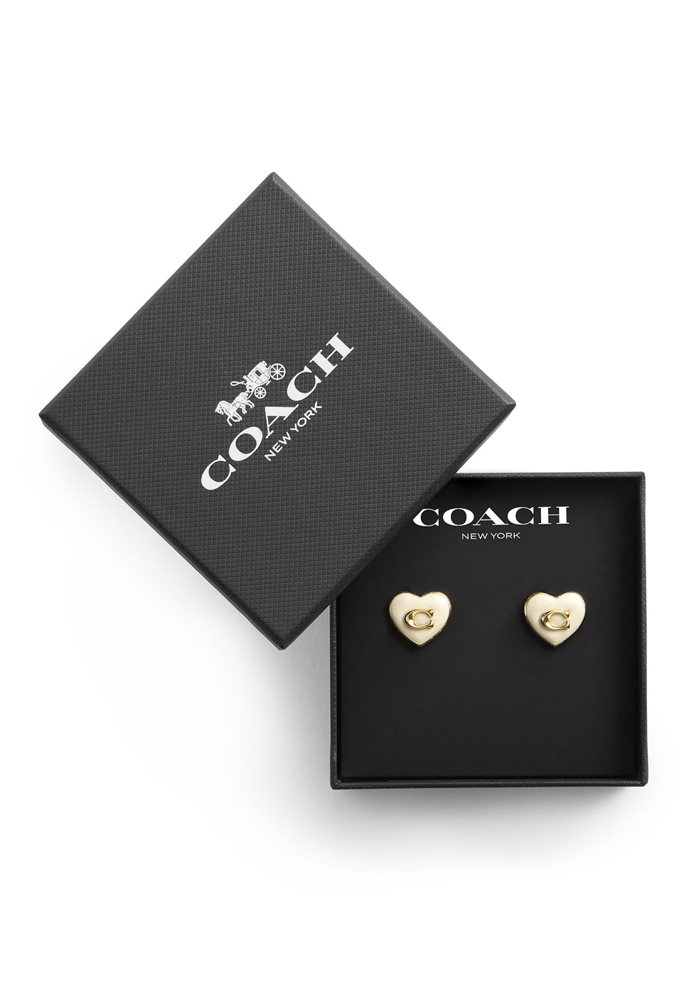 Coach Gold Boxed White Enamel Heart Stud Earrings