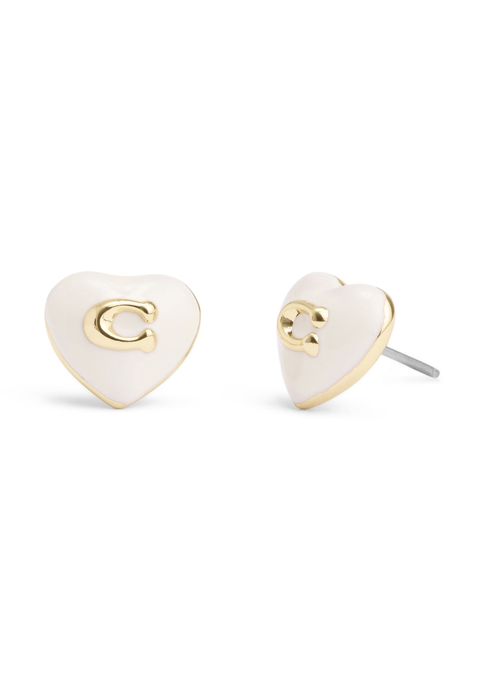 Coach Gold Boxed White Enamel Heart Stud Earrings