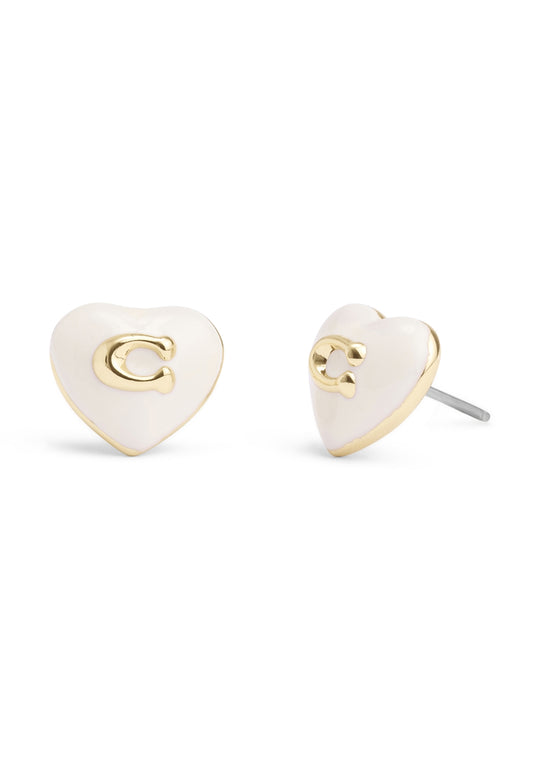 Coach Gold Boxed White Enamel Heart Stud Earrings
