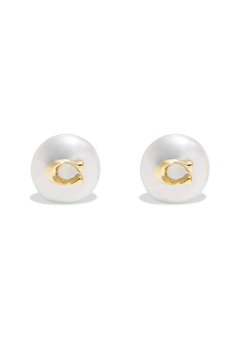 Coach Gold C Pearl Disc Stud Earrings
