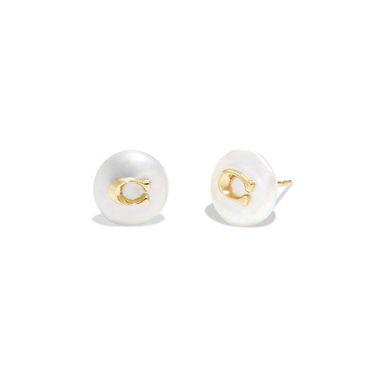 Coach Gold C Pearl Disc Stud Earrings