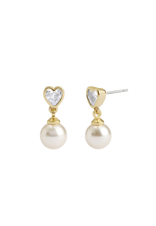 Coach Gold Heart White Pearl Drop Earrings
