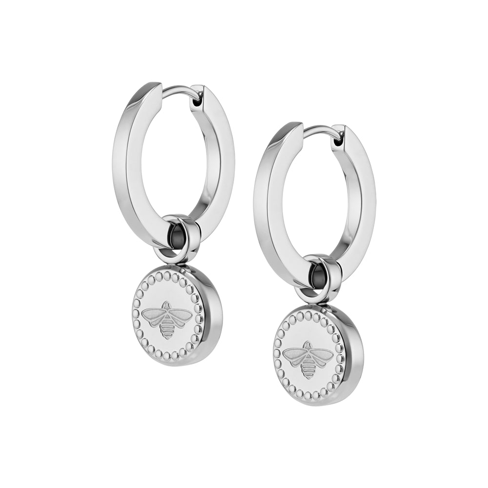 Olivia Burton Silver Steel Bee Hoop Earrings