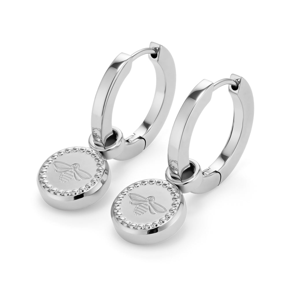 Olivia Burton Silver Steel Bee Hoop Earrings