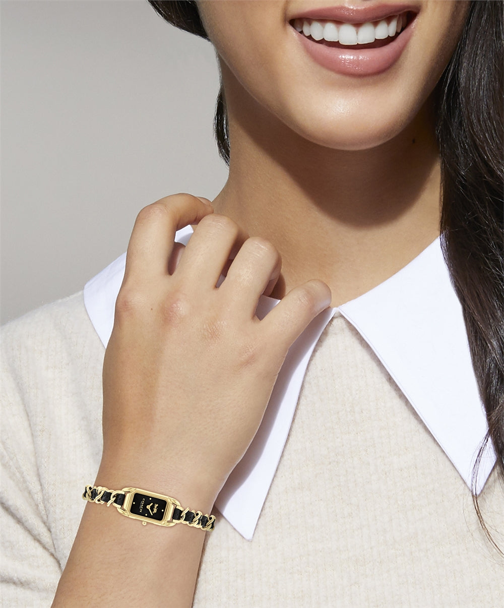 Coach Gold Cadie Black Rectangle Chain Leather Strap Watch