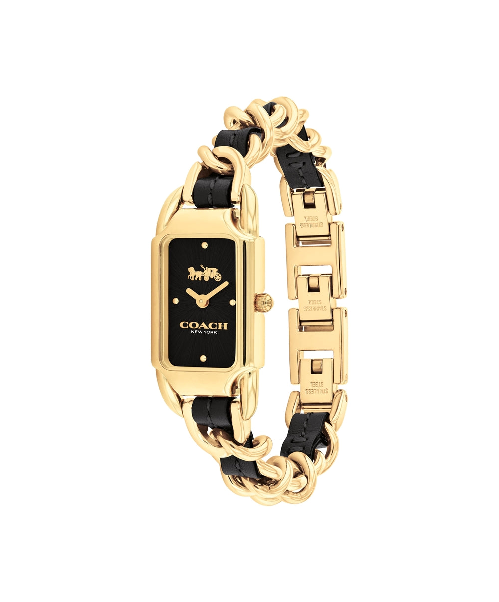 Coach Gold Cadie Black Rectangle Chain Leather Strap Watch