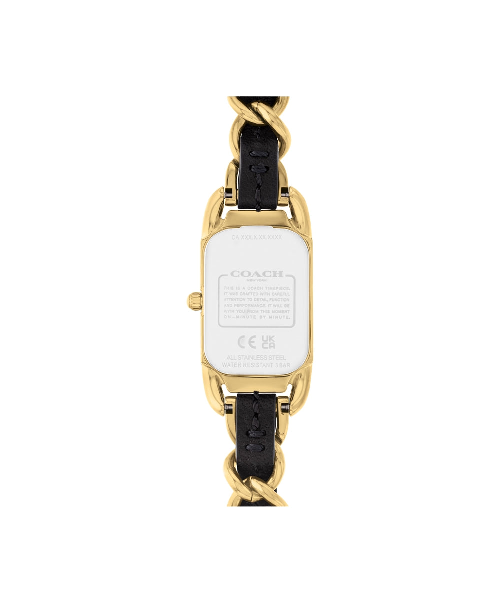 Coach Gold Cadie Black Rectangle Chain Leather Strap Watch