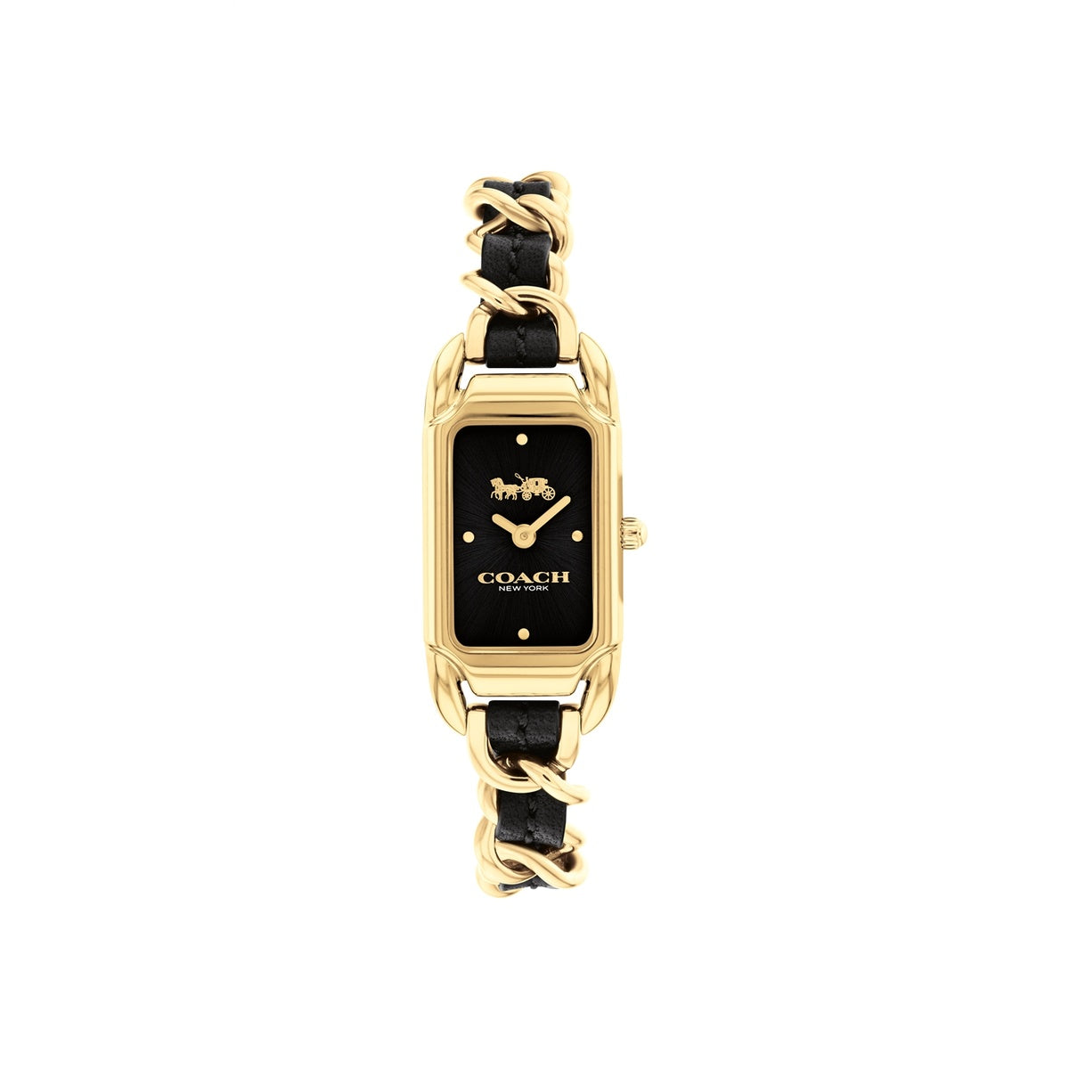 Coach Gold Cadie Black Rectangle Chain Leather Strap Watch