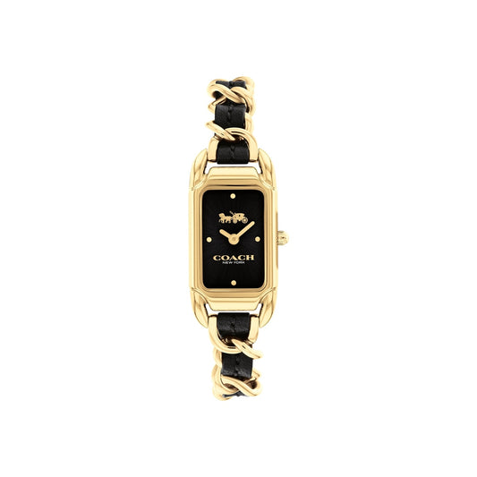 Coach Gold Cadie Black Rectangle Chain Leather Strap Watch
