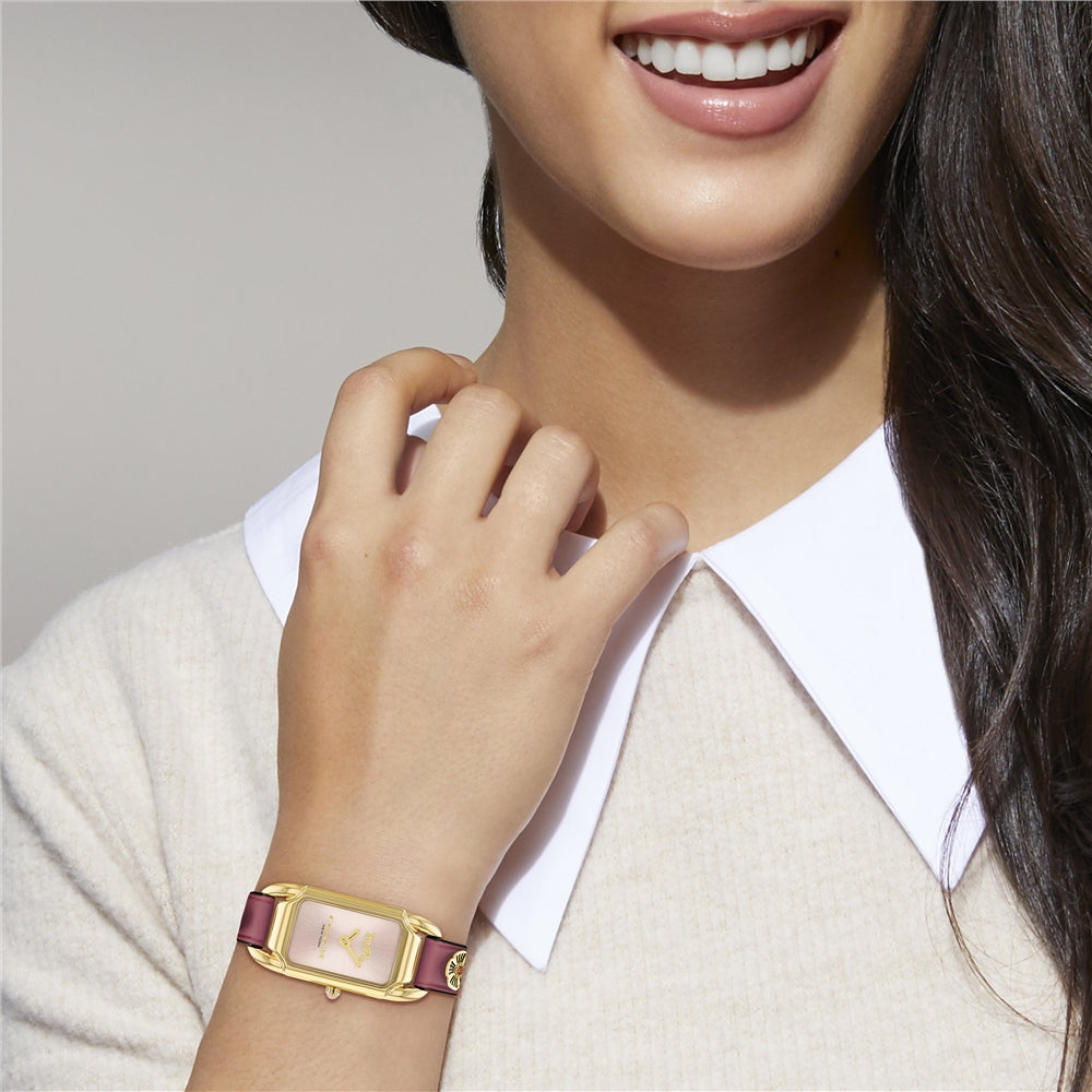 Coach Gold Cadie Pink Rectangle Flower Leather Watch