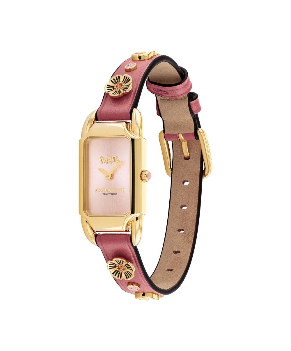 Coach Gold Cadie Pink Rectangle Flower Leather Watch