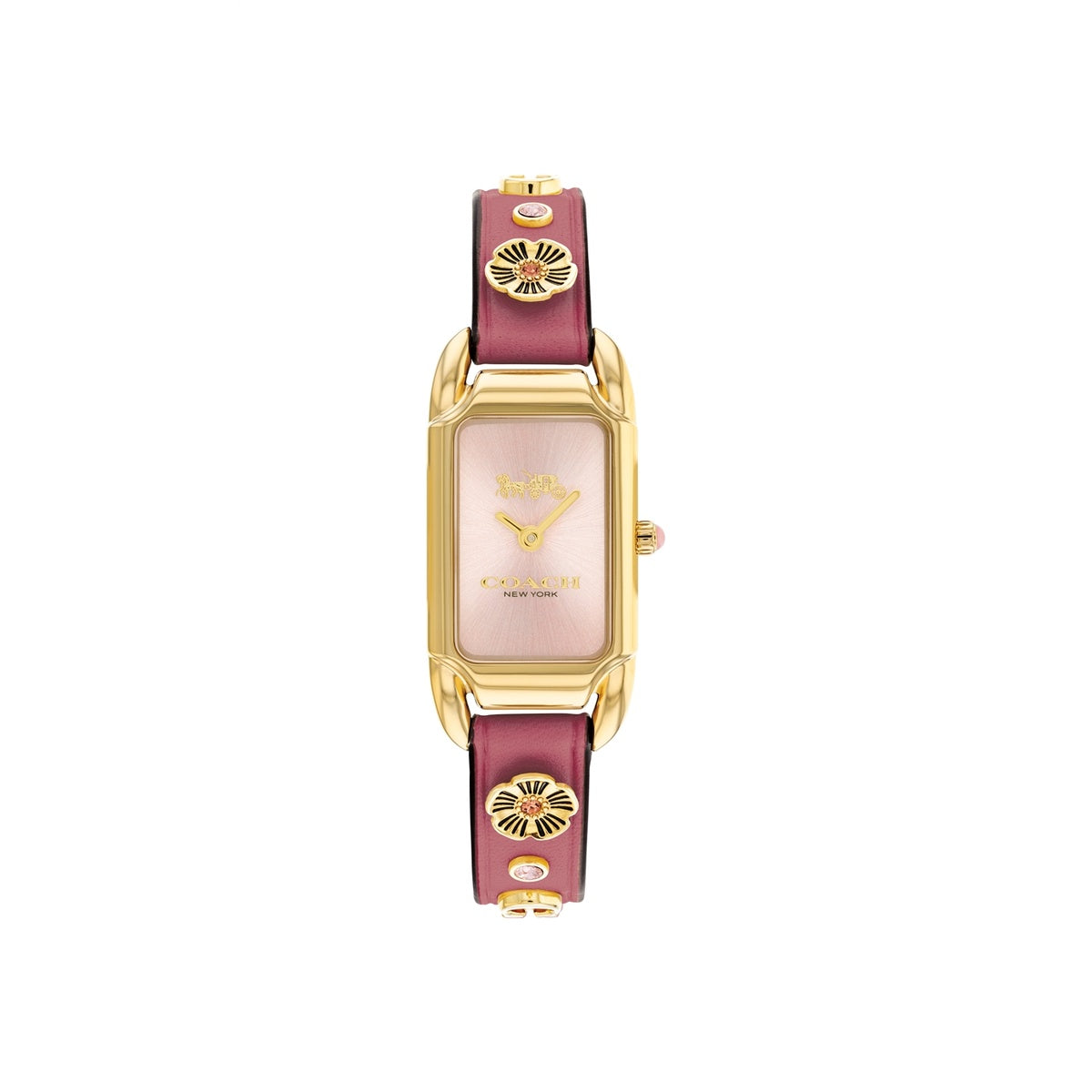 Coach Gold Cadie Pink Rectangle Flower Leather Watch
