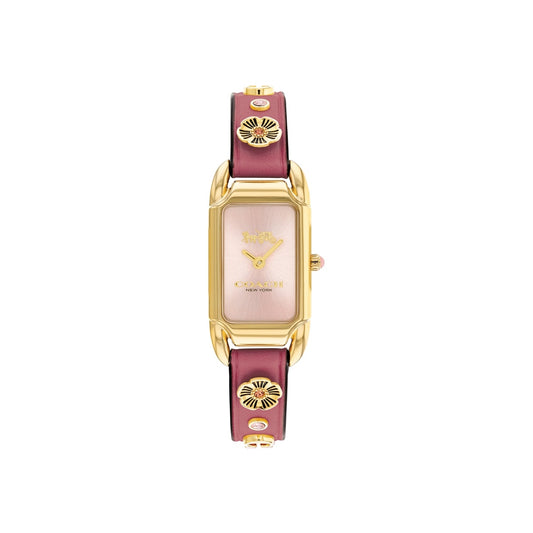 Coach Gold Cadie Pink Rectangle Flower Leather Watch