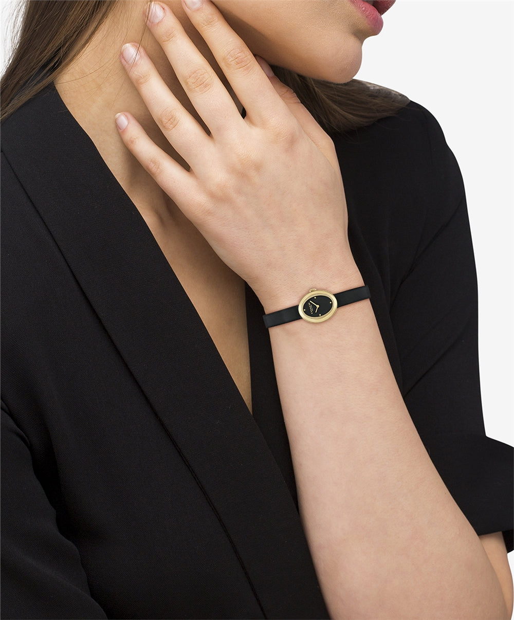 Coach Gold Sammy Oval Black Leather Watch