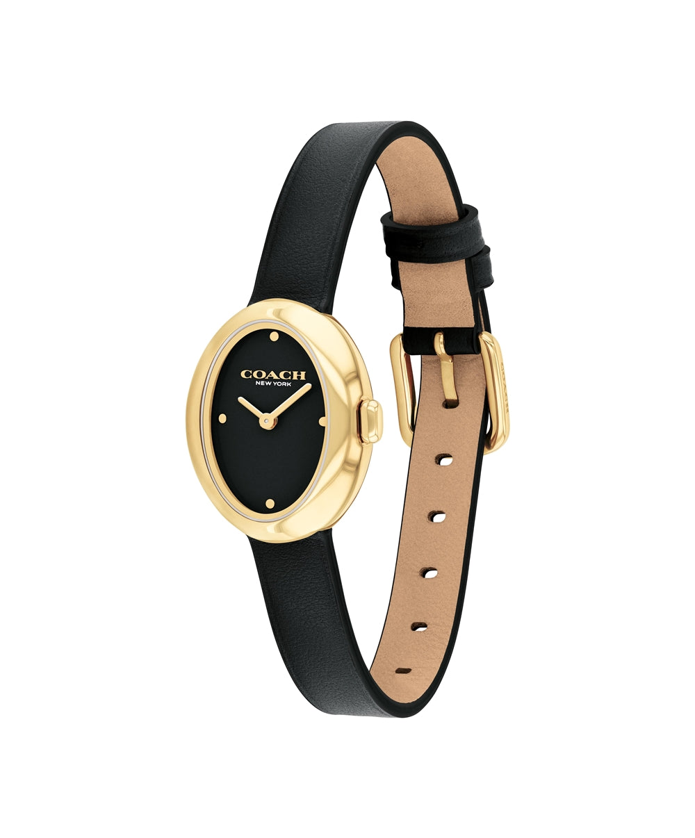 Coach Gold Sammy Oval Black Leather Watch