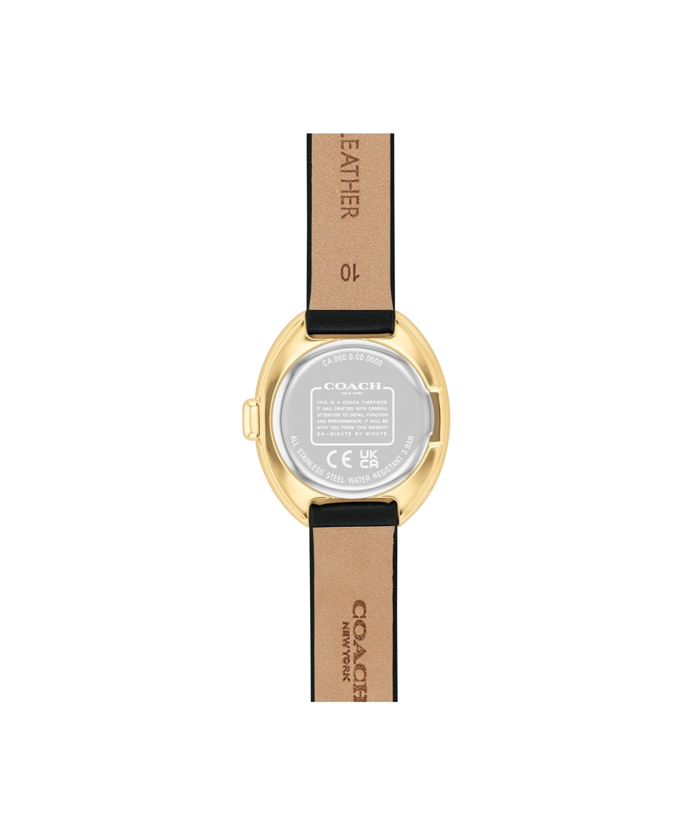 Coach Gold Sammy Oval Black Leather Watch